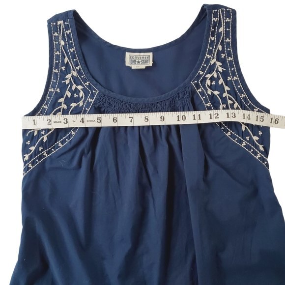 Converse One Star  Floral Embroidered Navy Blue White Cotton Tank Size XS - Picture 6 of 8